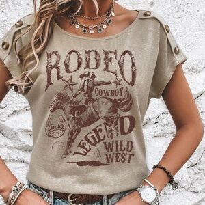 B141 Smoke Gray Rodeo Cowboy Graphic Buttoned Batwing Sleeve T-Shirt